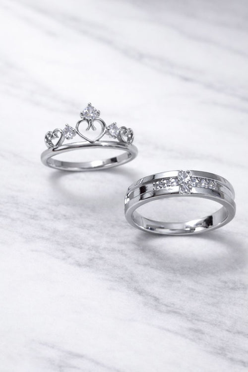 Royal Heart Crown Silver Couple Rings – Sparkling Matching Set