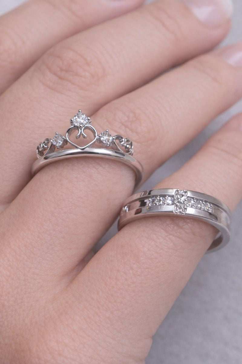 Royal Heart Crown Silver Couple Rings – Sparkling Matching Set