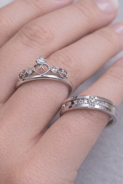 Royal Heart Crown Silver Couple Rings – Sparkling Matching Set