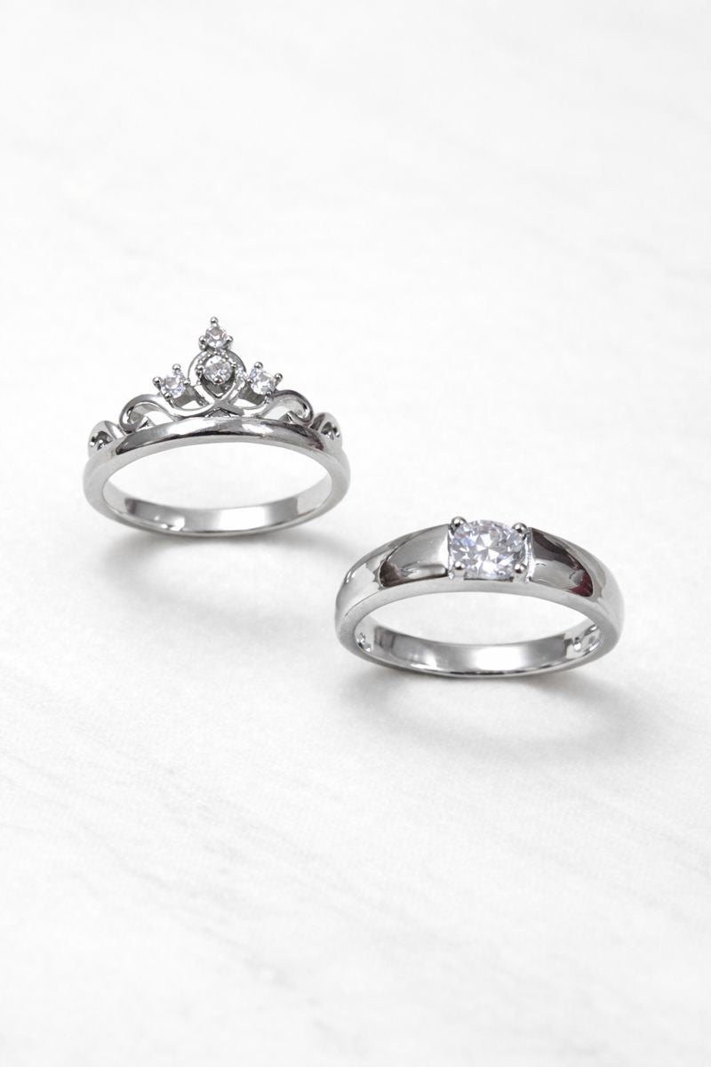 Royal Crown Silver Solitaire Couple Rings – Premium Matching Set