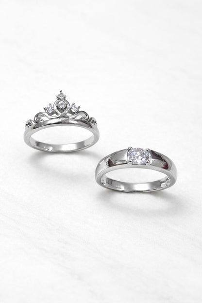 Royal Crown Silver Solitaire Couple Rings – Premium Matching Set