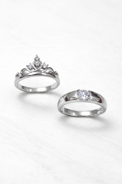 Royal Crown Silver Solitaire Couple Rings – Premium Matching Set