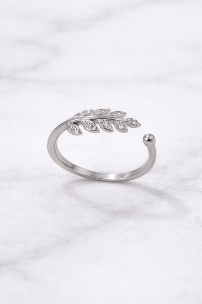 Elegant Leaf Design Adjustable Silver Ring with Crystals