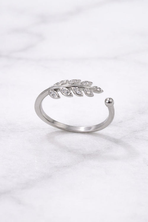 Elegant Leaf Design Adjustable Silver Ring with Crystals