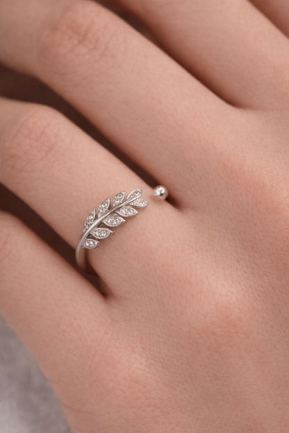 Elegant Leaf Design Adjustable Silver Ring with Crystals