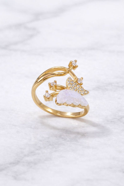 Golden Butterfly & Moonstone Adjustable Ring with Crystal Accents