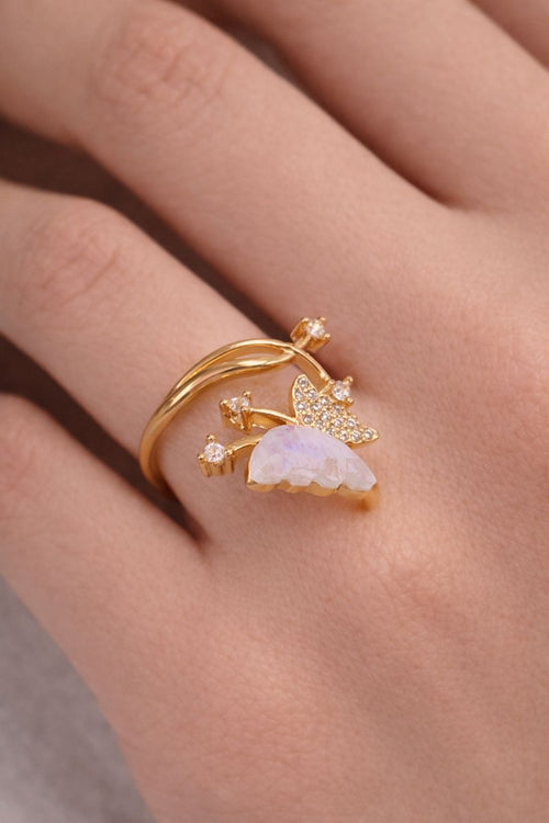 Golden Butterfly & Moonstone Adjustable Ring with Crystal Accents