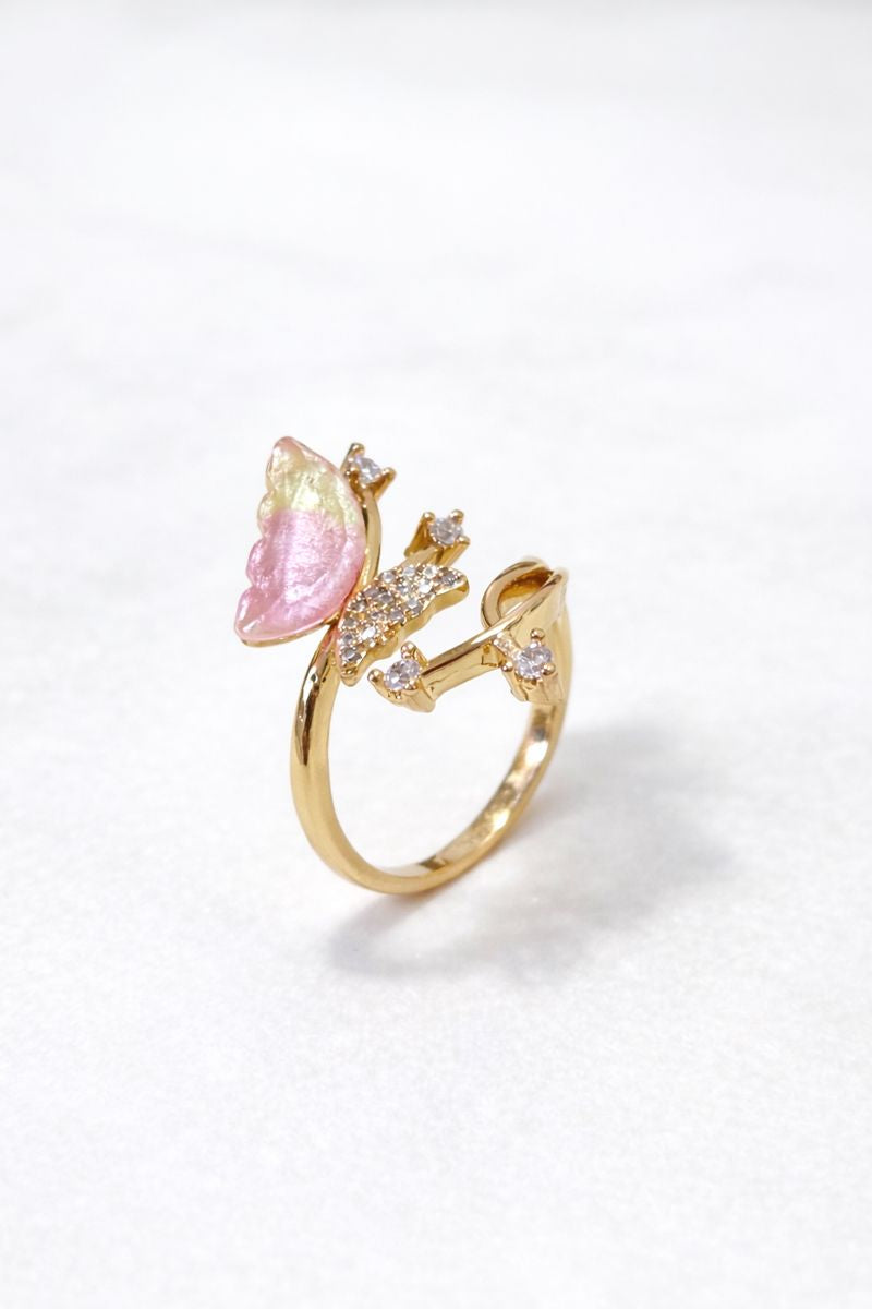 Pink Butterfly Gold Adjustable Ring with Crystal Details