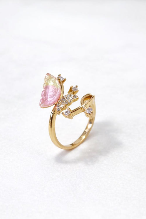 Pink Butterfly Gold Adjustable Ring with Crystal Details