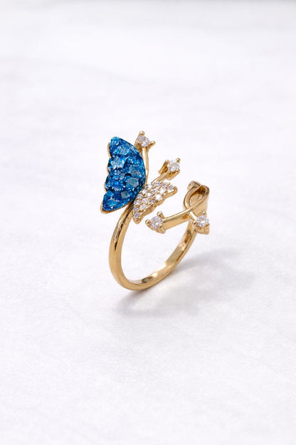 Blue Butterfly Gold Adjustable Ring with Crystal Accents