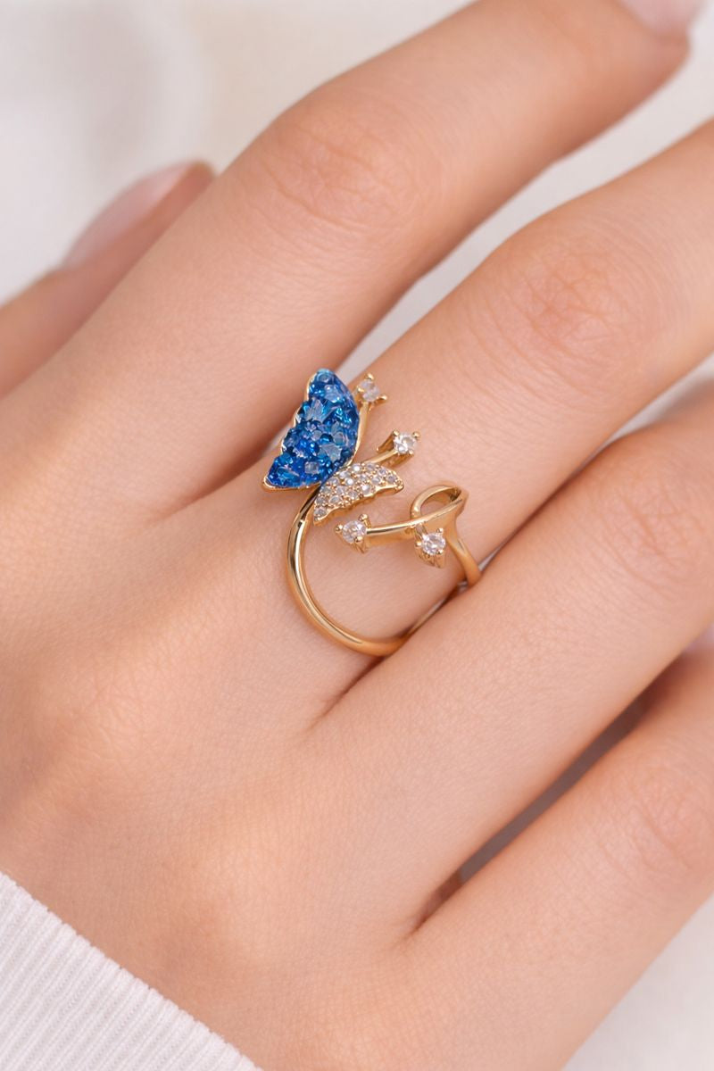 Blue Butterfly Gold Adjustable Ring with Crystal Accents