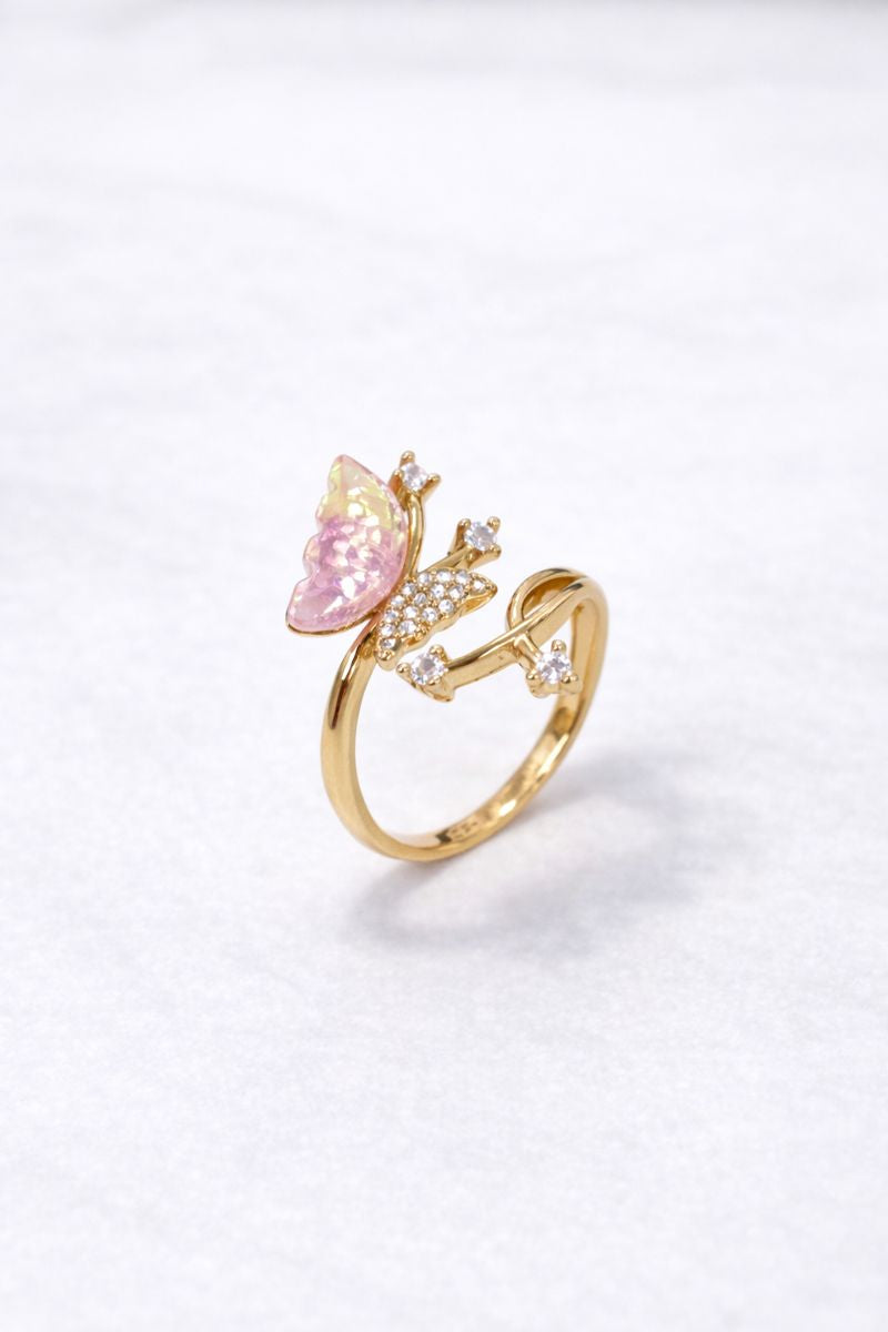 Pink Butterfly Gold Adjustable Ring with Crystal Sparkle