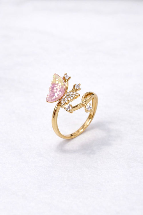 Pink Butterfly Gold Adjustable Ring with Crystal Sparkle