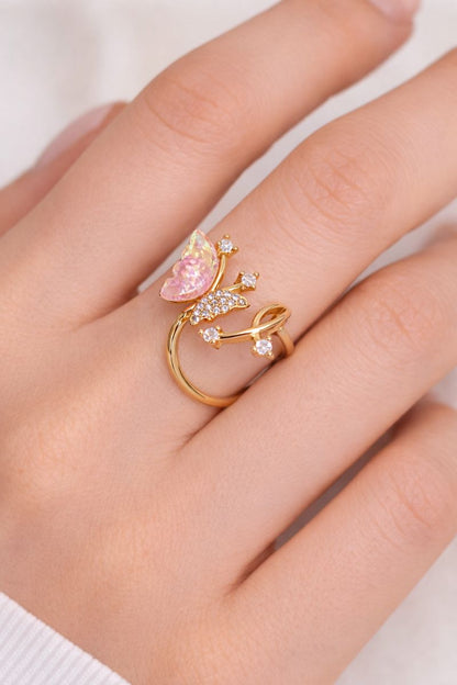 Pink Butterfly Gold Adjustable Ring with Crystal Sparkle