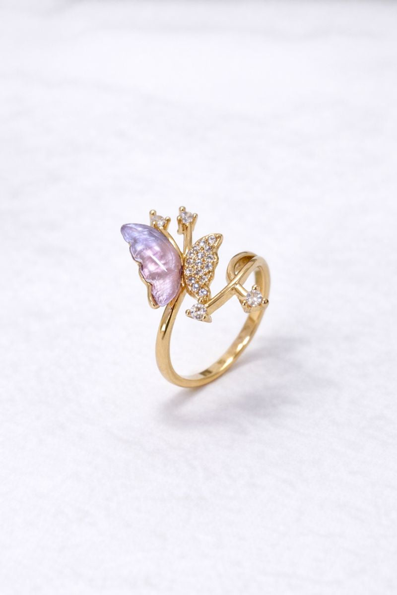 Lavender Butterfly Gold Adjustable Ring with Crystal Accents