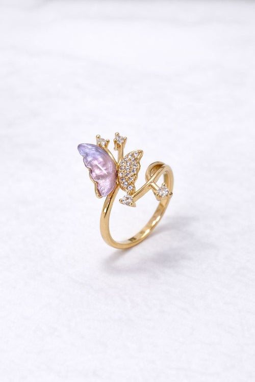 Lavender Butterfly Gold Adjustable Ring with Crystal Accents