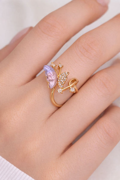 Lavender Butterfly Gold Adjustable Ring with Crystal Accents