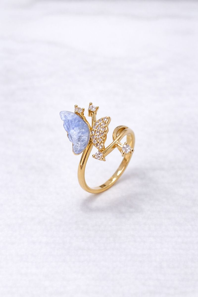 Sky Blue Butterfly Gold Adjustable Ring with Crystal Accents