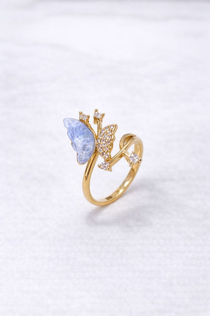 Sky Blue Butterfly Gold Adjustable Ring with Crystal Accents