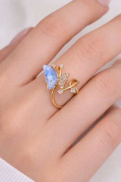 Sky Blue Butterfly Gold Adjustable Ring with Crystal Accents