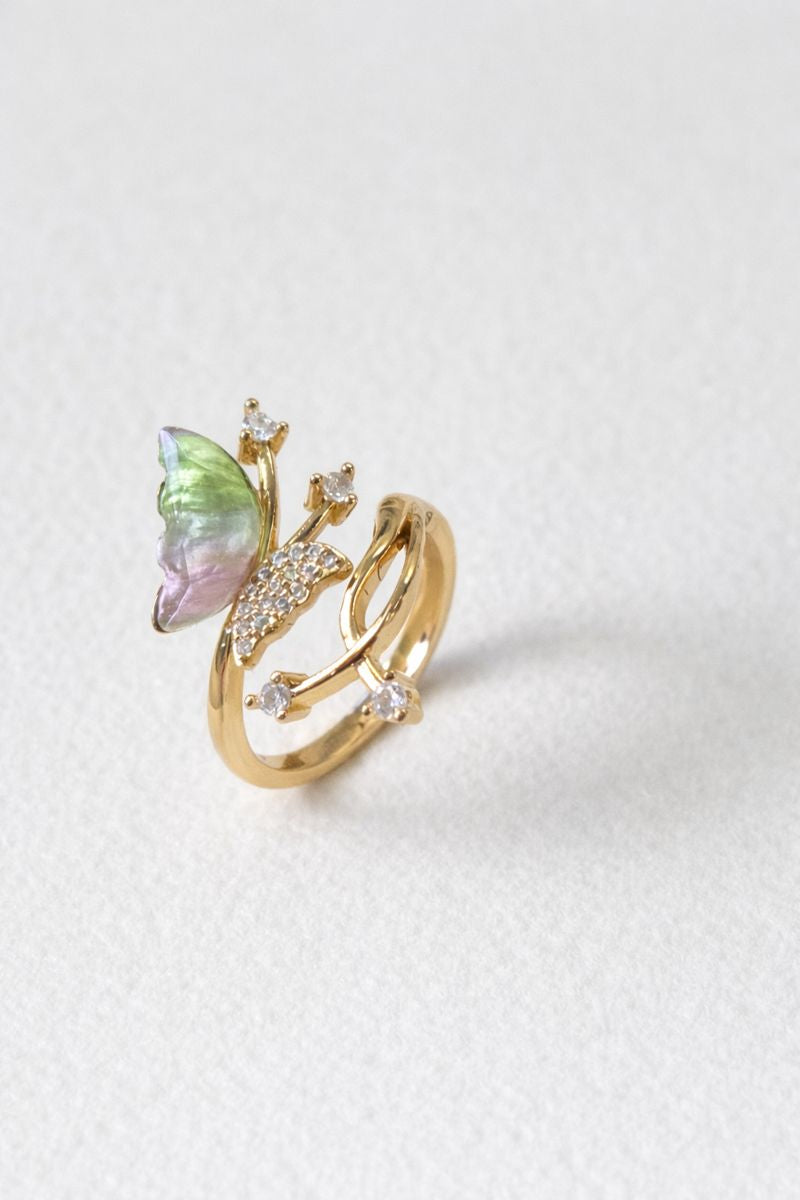 Rainbow Butterfly Gold Adjustable Ring with Crystal Accents