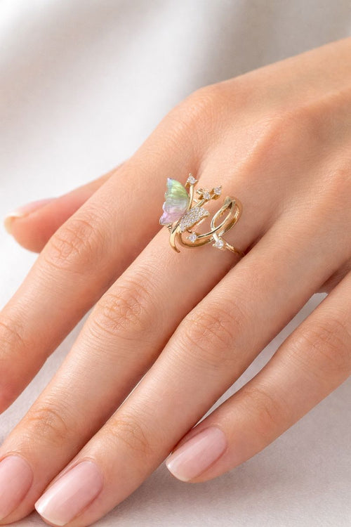 Rainbow Butterfly Gold Adjustable Ring with Crystal Accents