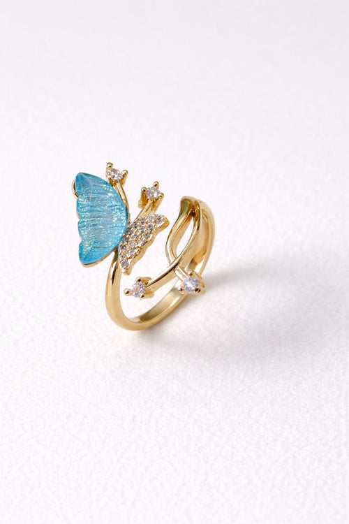 Aqua Blue Butterfly Gold Adjustable Ring with Crystal Accents