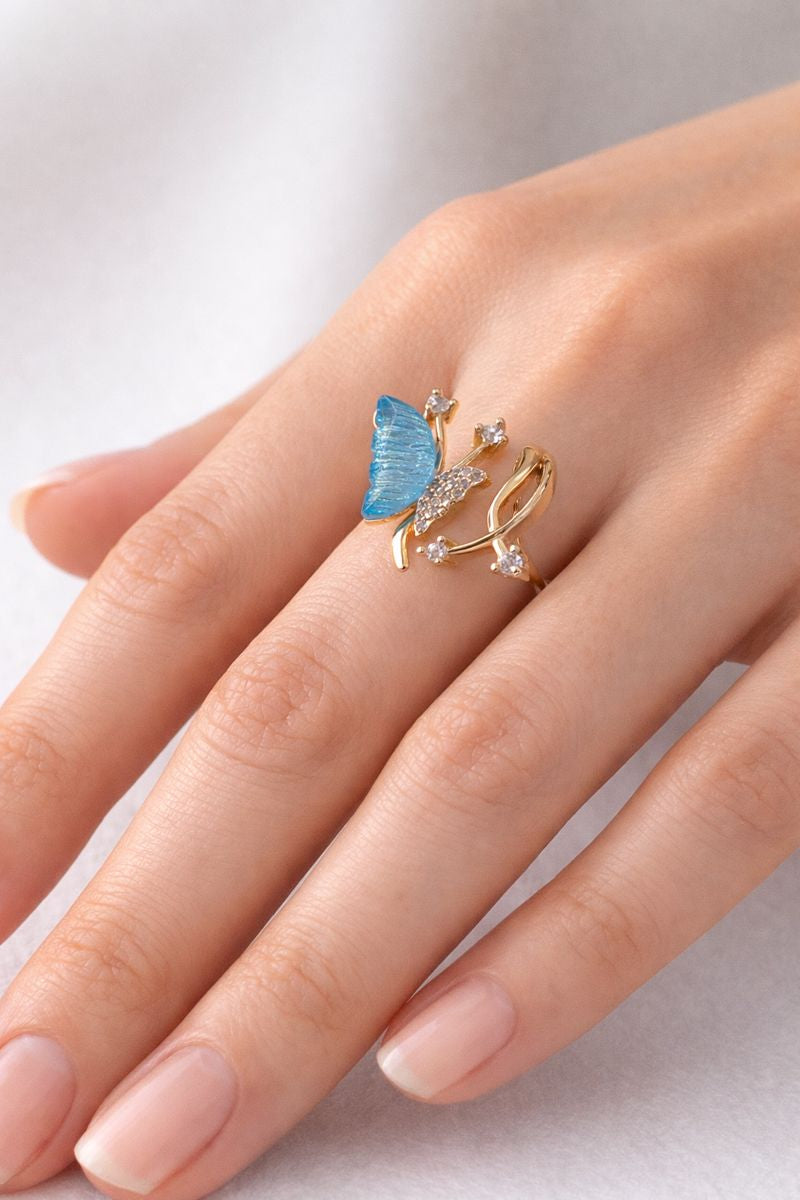 Aqua Blue Butterfly Gold Adjustable Ring with Crystal Accents
