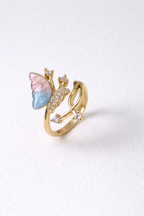 Pastel Ombre Butterfly Gold Adjustable Ring with Crystal Sparkle