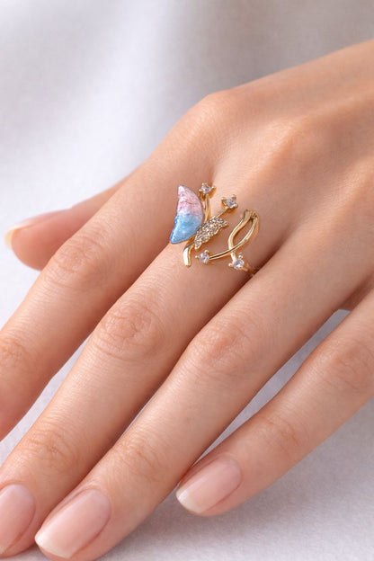Pastel Ombre Butterfly Gold Adjustable Ring with Crystal Sparkle