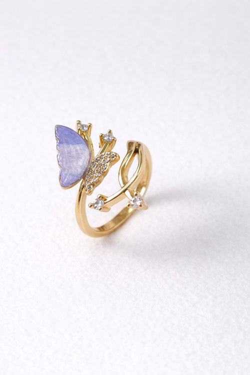 Lavender Blue Butterfly Gold Adjustable Ring with Crystal Sparkle