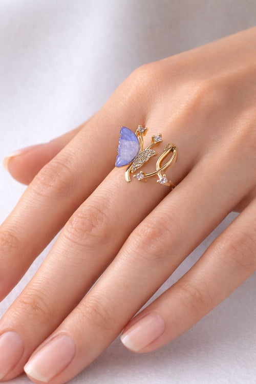 Lavender Blue Butterfly Gold Adjustable Ring with Crystal Sparkle