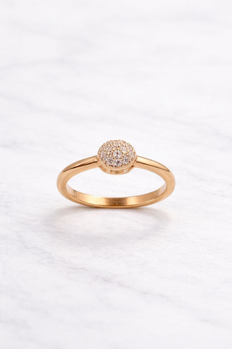 Round Solitaire-Style Gold Ring with Pavé Crystal Setting