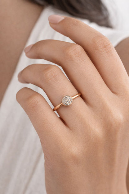 Round Solitaire-Style Gold Ring with Pavé Crystal Setting