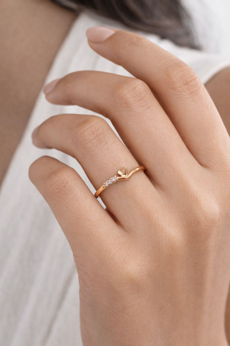 Minimal Heart Accent Gold Ring with Crystal Detail