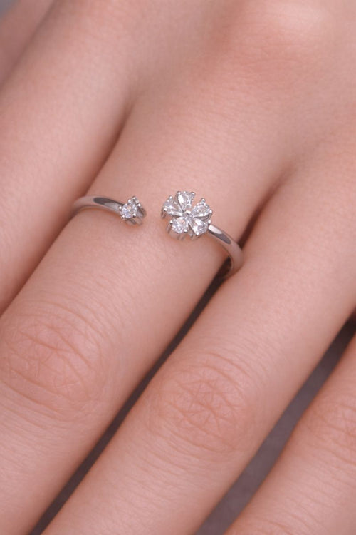 Elegant Floral Adjustable Silver Ring with Sparkling Stones