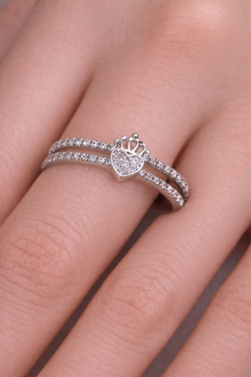 Royal Heart Crown Silver Ring with Crystal Stones