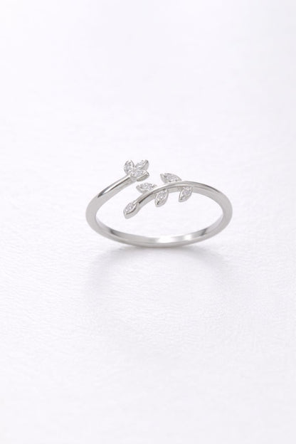 Delicate Floral Leaf Adjustable Silver Ring with Crystals
