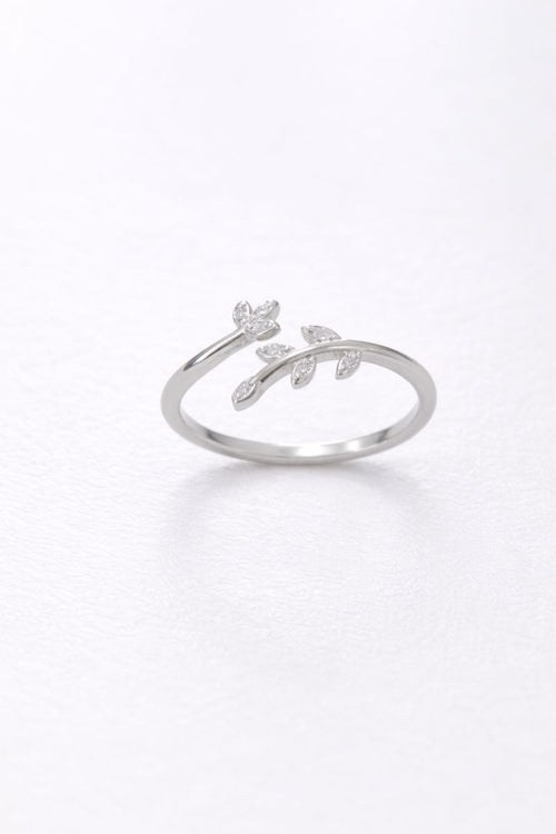 Delicate Floral Leaf Adjustable Silver Ring with Crystals