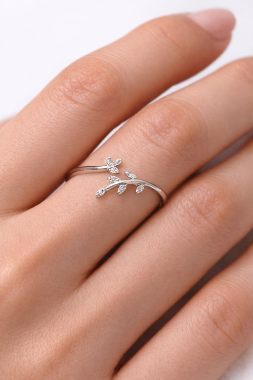Delicate Floral Leaf Adjustable Silver Ring with Crystals