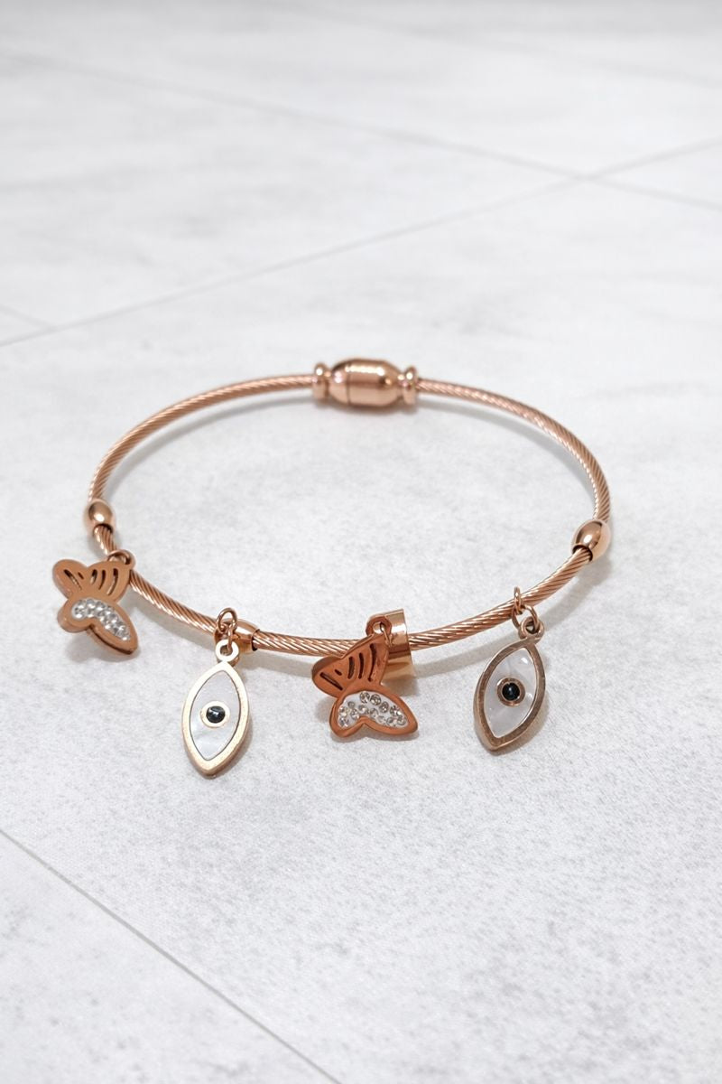 Rose Gold Charm Bracelet with Butterfly & Evil Eye