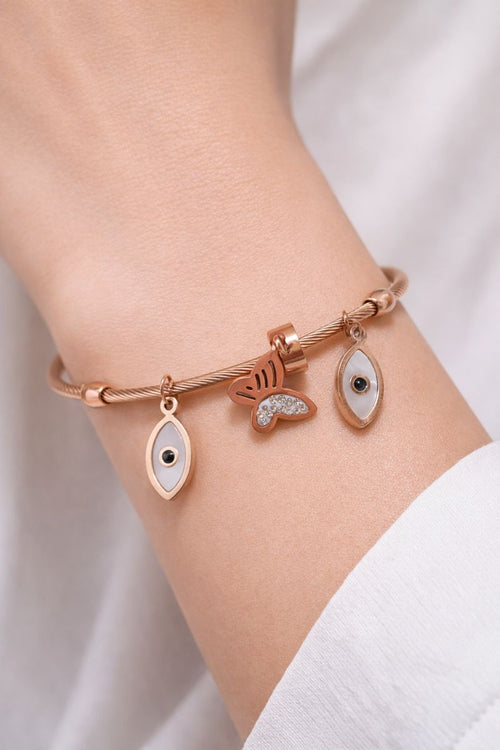 Rose Gold Charm Bracelet with Butterfly & Evil Eye
