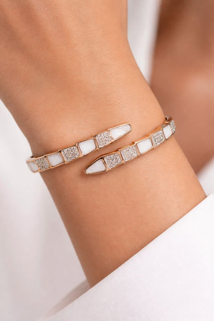 Rose Gold White Enamel Crystal Cuff Bracelet