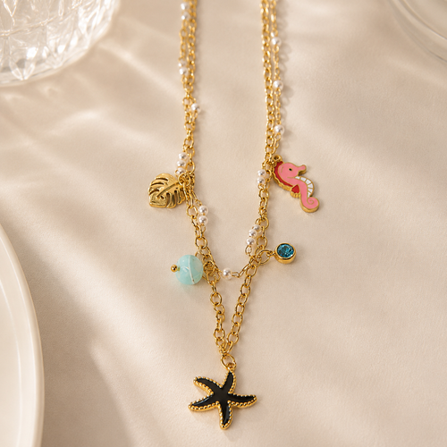 Gold-Plated Ocean Charm Layered Necklace with Pearls