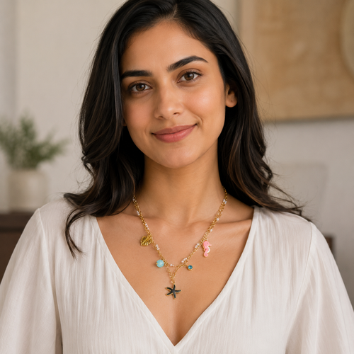 Gold-Plated Ocean Charm Layered Necklace with Pearls