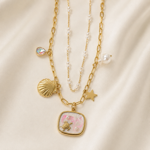 Gold-Plated Layered Ocean Charm Necklace with Pearls
