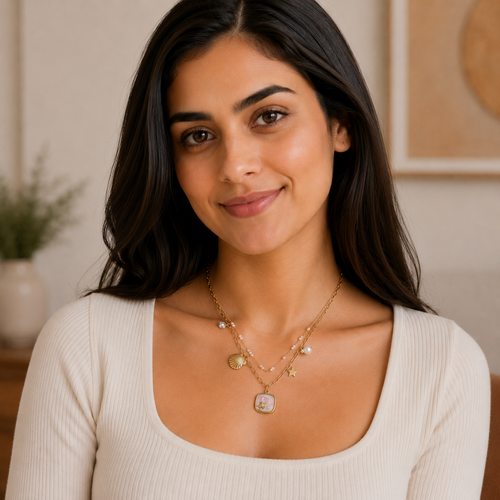 Gold-Plated Layered Ocean Charm Necklace with Pearls