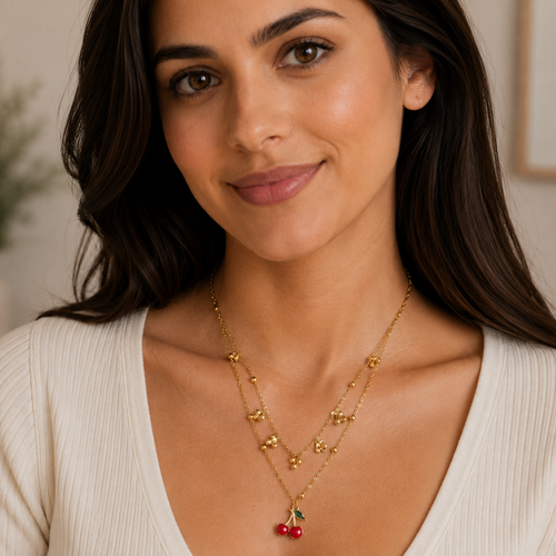 Gold-Plated Cherry Charm Layered Necklace