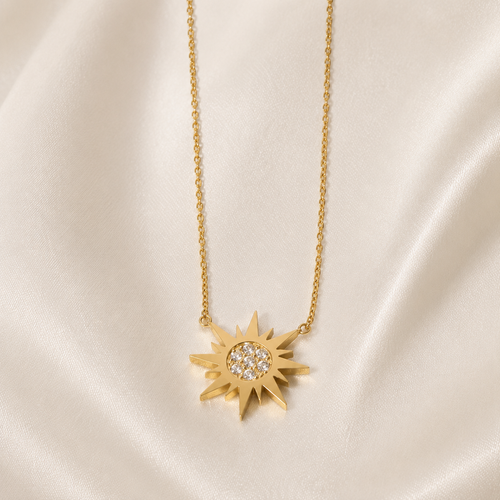 Gold-Plated Crystal Sunburst Pendant Necklace