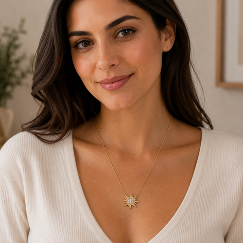 Gold-Plated Crystal Sunburst Pendant Necklace